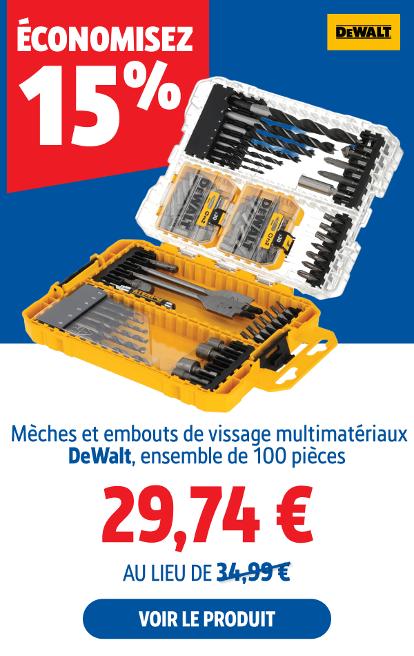 économisez  15%  Mèches et embouts de vissage multimatériaux DeWalt, ensemble de 100 pièces 29.74 €.