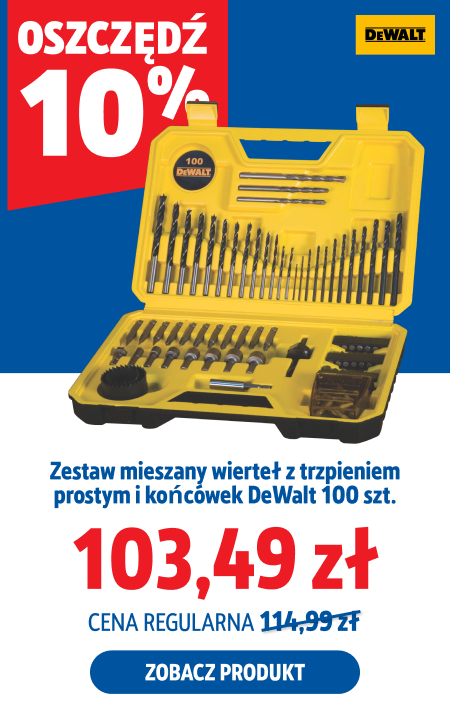 Oszczędź 10%, Zestaw mieszany wierteł z trzpieniem prostym i końcówek DeWalt 100 szt. 103.49zł