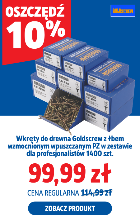 Oszczędź 10%,Wkręty do drewna Goldscrew z łbem wzmocnionym wpuszczanym PZ w zestawie dla profesjonalistów 1400 szt.  99.99zł