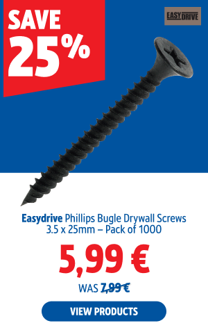 Save 25% Easydrive Phillips Bugle Drywall Screws 3.5 x 25mm – Pack of 1000 5.99 € 